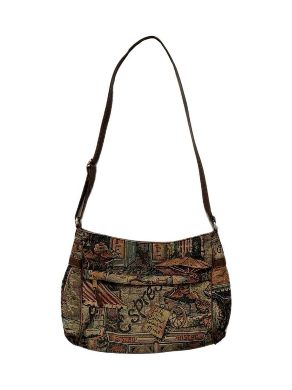 SAS Multicolor Tapestry Bistro Scene Shoulder Bag - Brown Strap